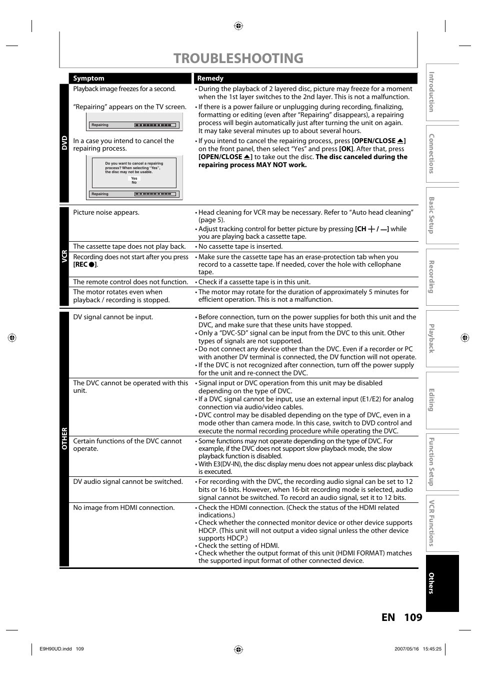 Troubleshooting, 109 en | Philips DVDR3545V-37 User Manual | Page 109 / 116