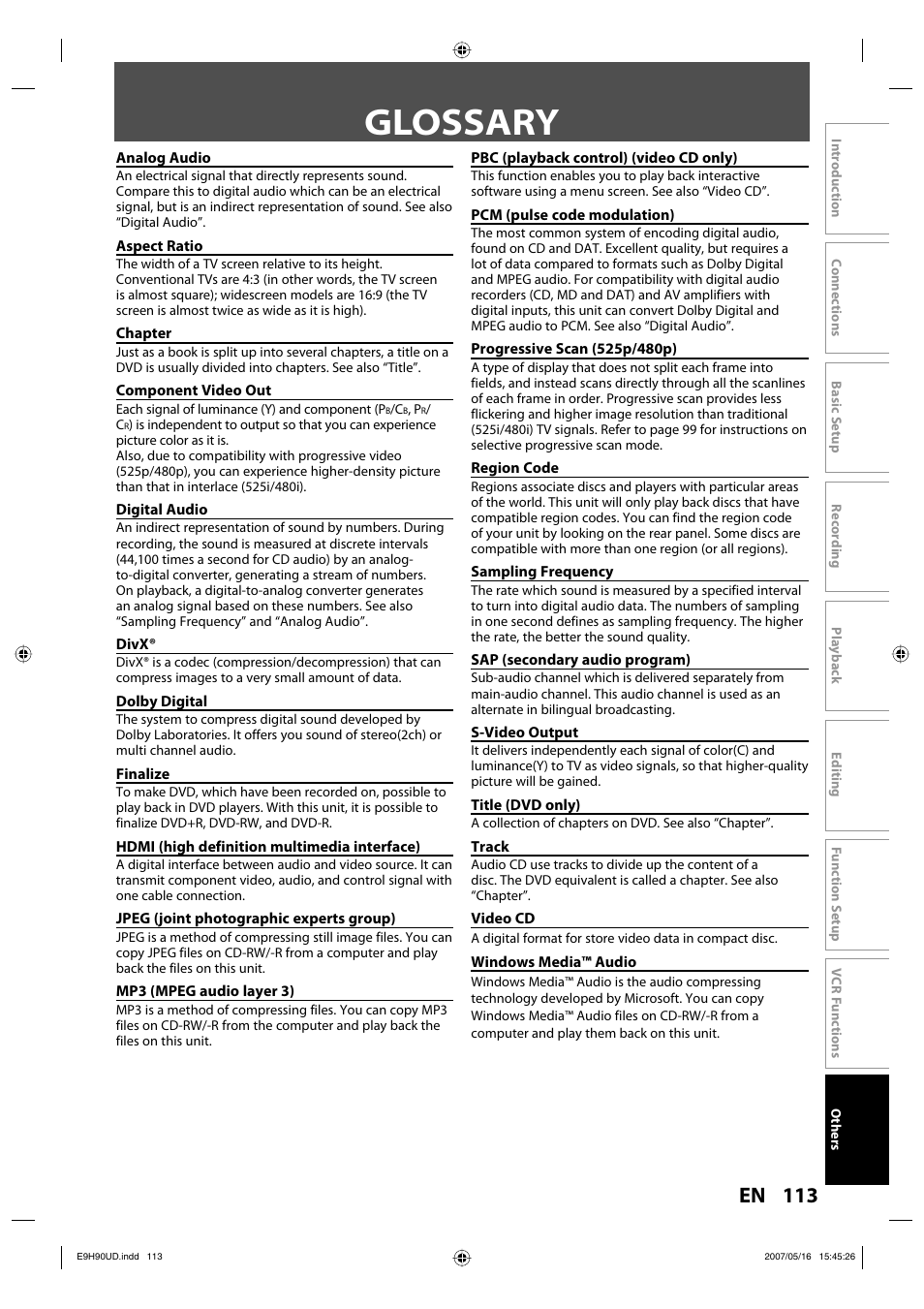 Glossary, 113 en | Philips DVDR3545V-37 User Manual | Page 113 / 116