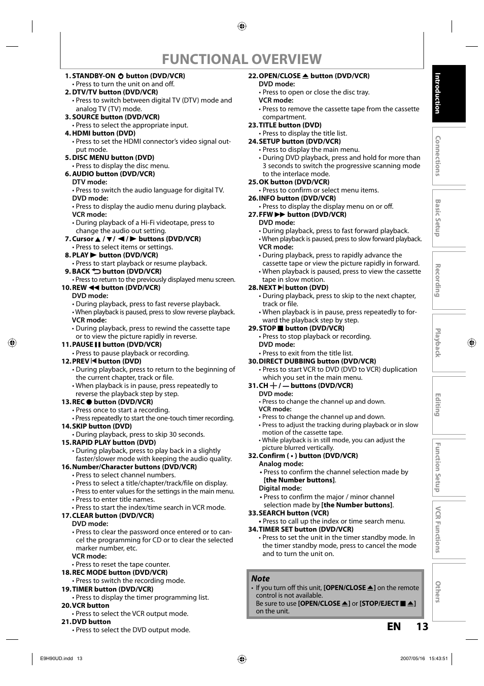 Functional overview, 13 en 13 en | Philips DVDR3545V-37 User Manual | Page 13 / 116