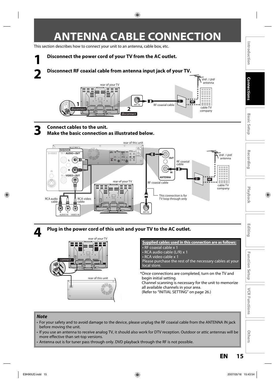 Antenna cable connection, 15 en 15 en | Philips DVDR3545V-37 User Manual | Page 15 / 116