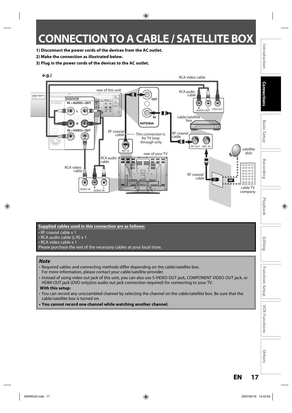 Connection to a cable / satellite box, 17 en 17 en, E.g.) | Philips DVDR3545V-37 User Manual | Page 17 / 116