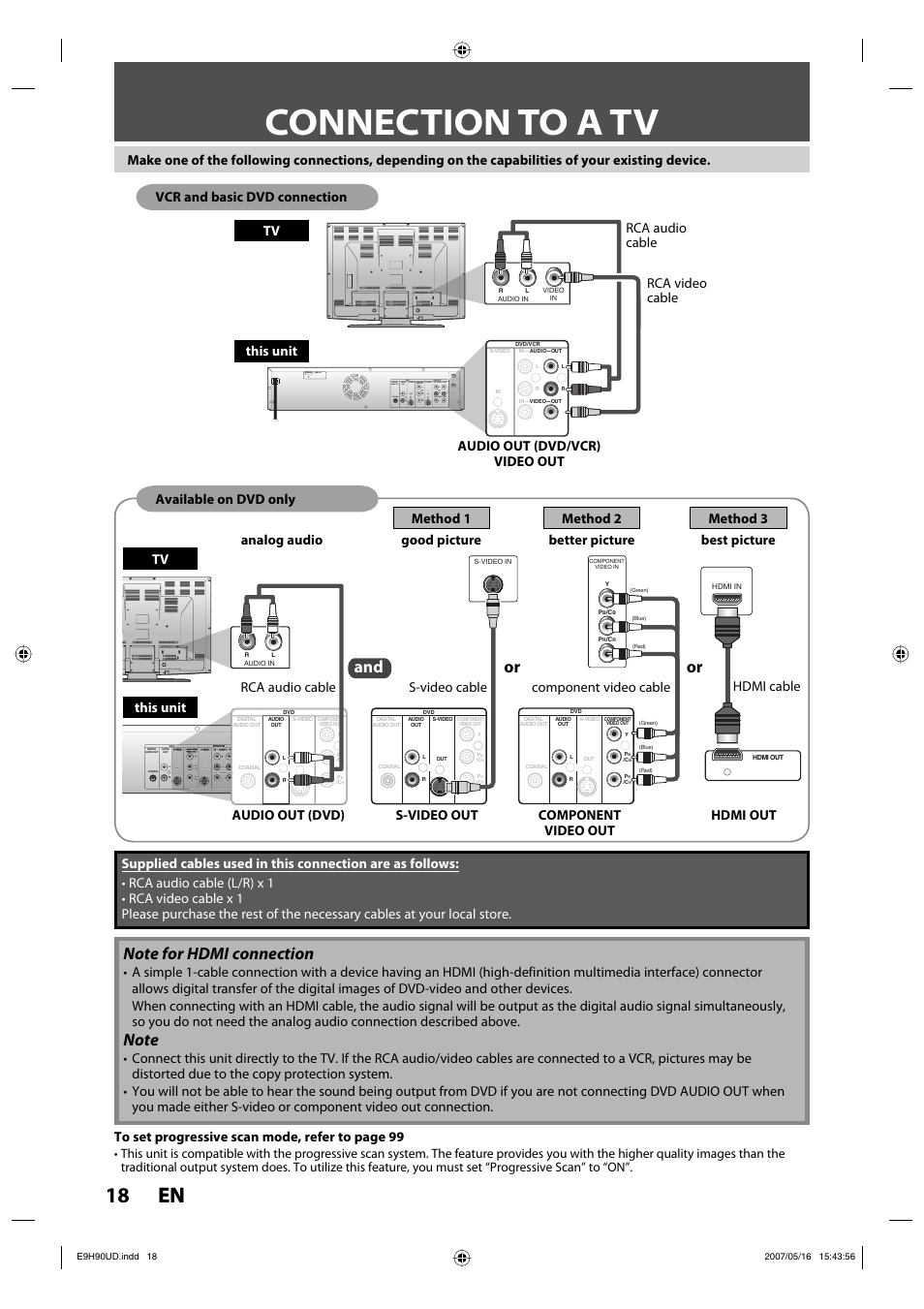 Connection to a tv, 18 en 18 en, Tv analog audio this unit | Hdmi cable | Philips DVDR3545V-37 User Manual | Page 18 / 116