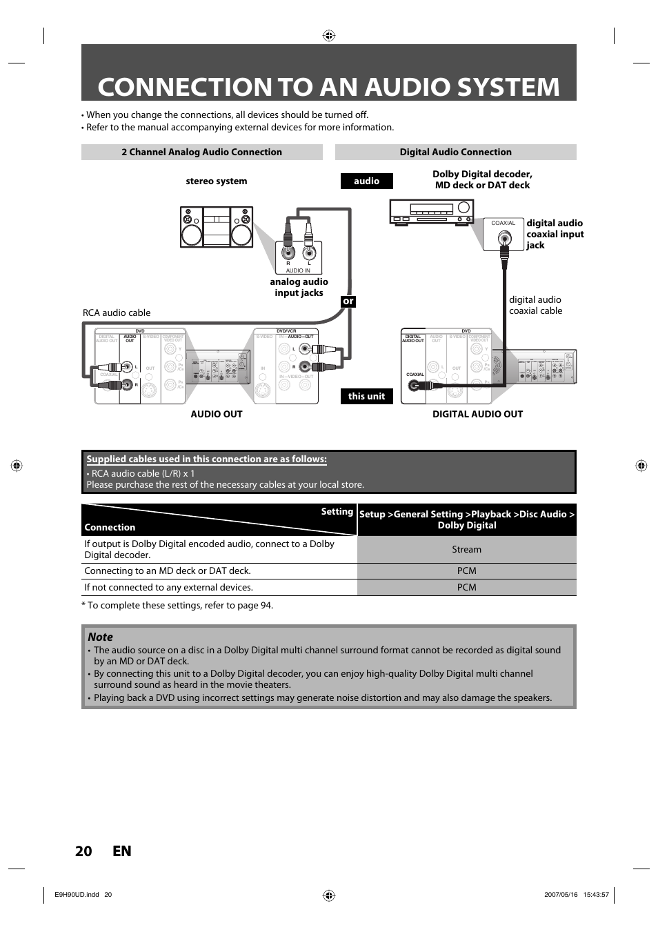 Connection to an audio system, 20 en 20 en | Philips DVDR3545V-37 User Manual | Page 20 / 116