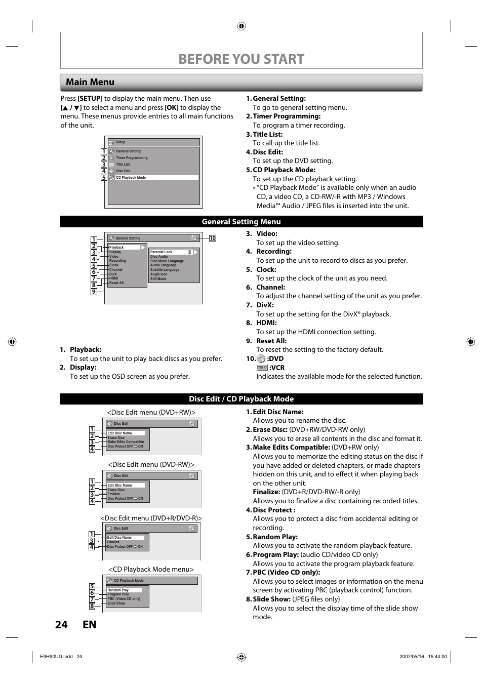 Before you start, 24 en 24 en, Main menu | Philips DVDR3545V-37 User Manual | Page 24 / 116
