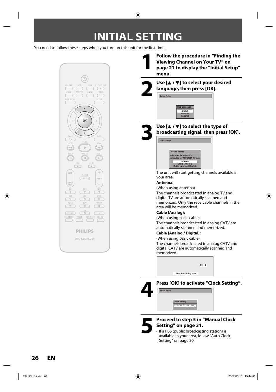 Initial setting | Philips DVDR3545V-37 User Manual | Page 26 / 116