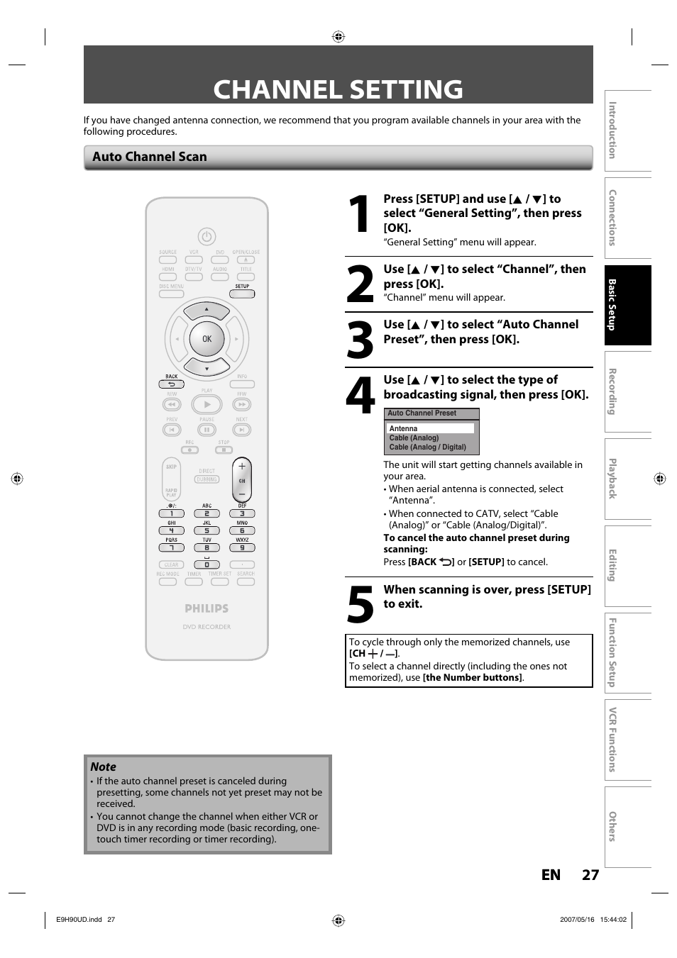 Channel setting | Philips DVDR3545V-37 User Manual | Page 27 / 116