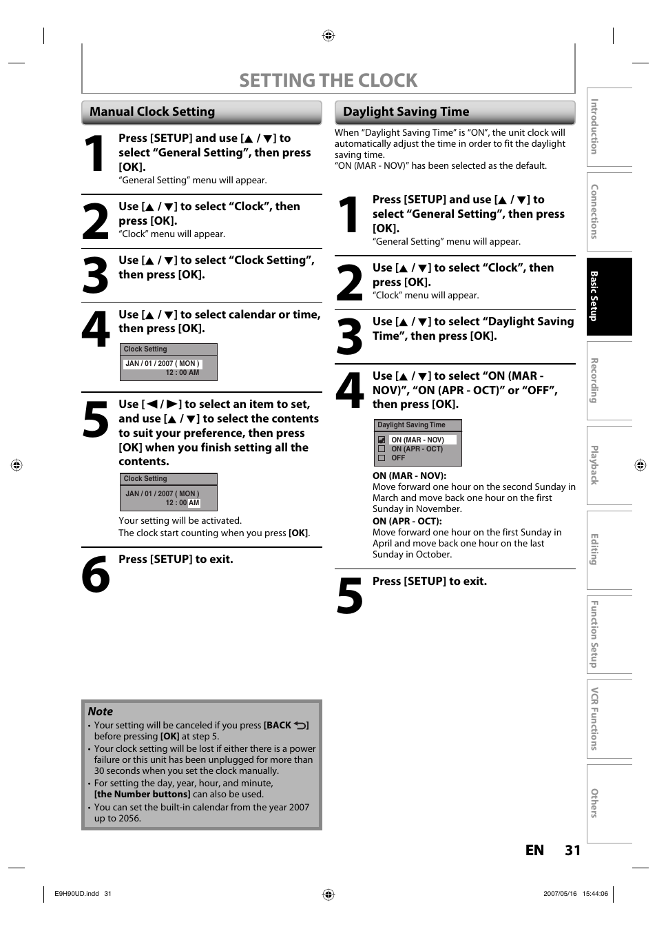 Setting the clock | Philips DVDR3545V-37 User Manual | Page 31 / 116