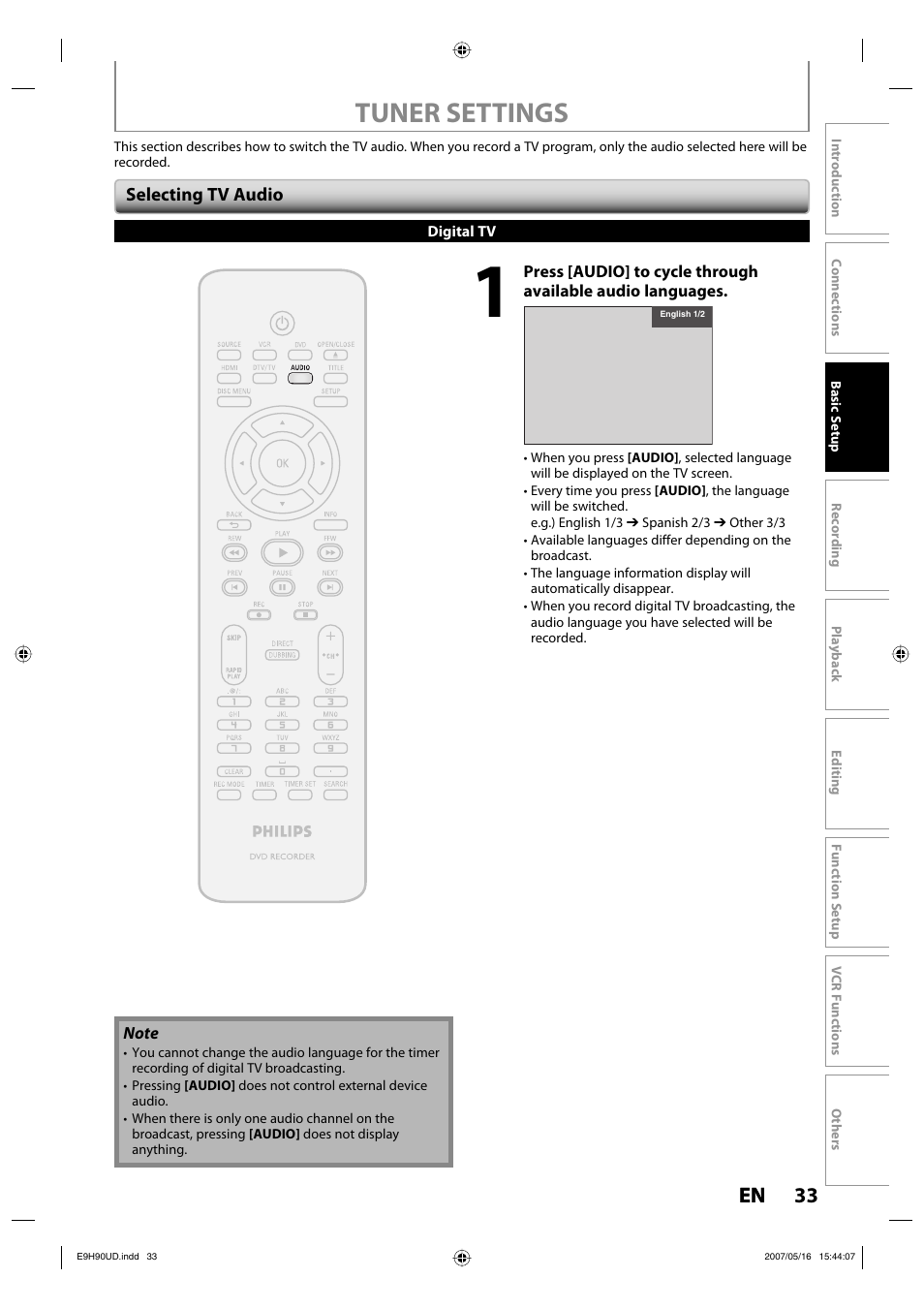 Tuner settings, 33 en 33 en | Philips DVDR3545V-37 User Manual | Page 33 / 116