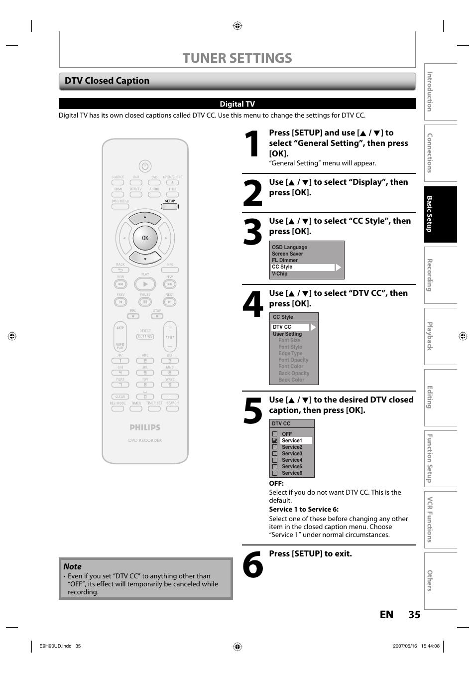 Tuner settings | Philips DVDR3545V-37 User Manual | Page 35 / 116