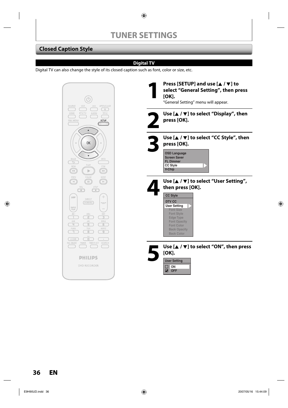 Tuner settings | Philips DVDR3545V-37 User Manual | Page 36 / 116