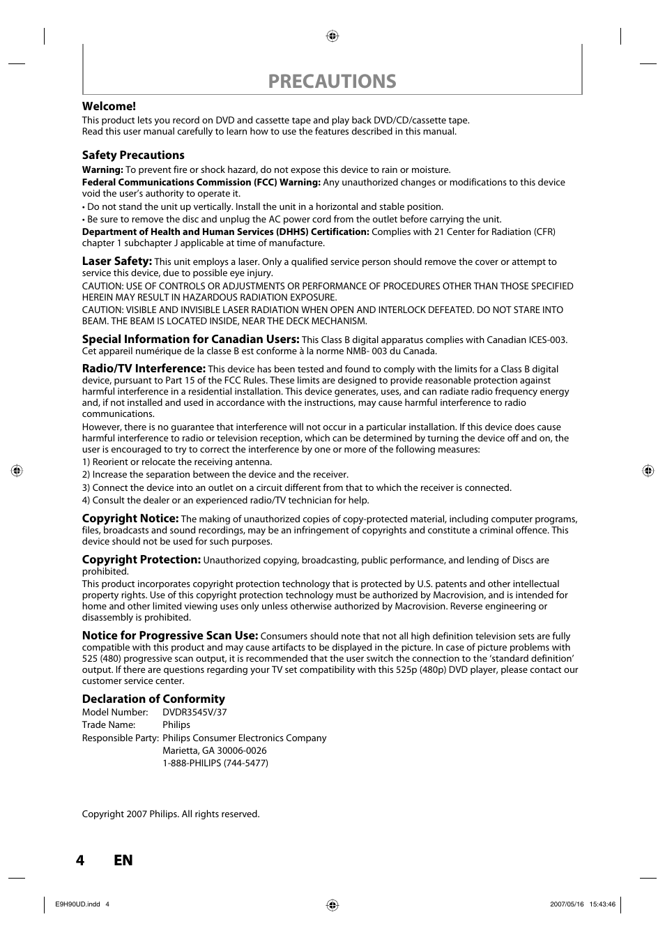 Precautions, 4en 4 en | Philips DVDR3545V-37 User Manual | Page 4 / 116