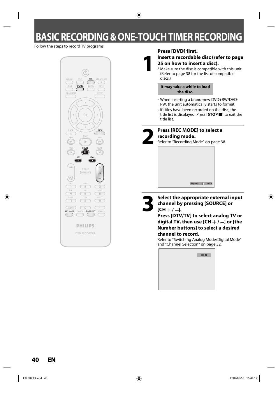 Basic recording & one-touch timer recording | Philips DVDR3545V-37 User Manual | Page 40 / 116