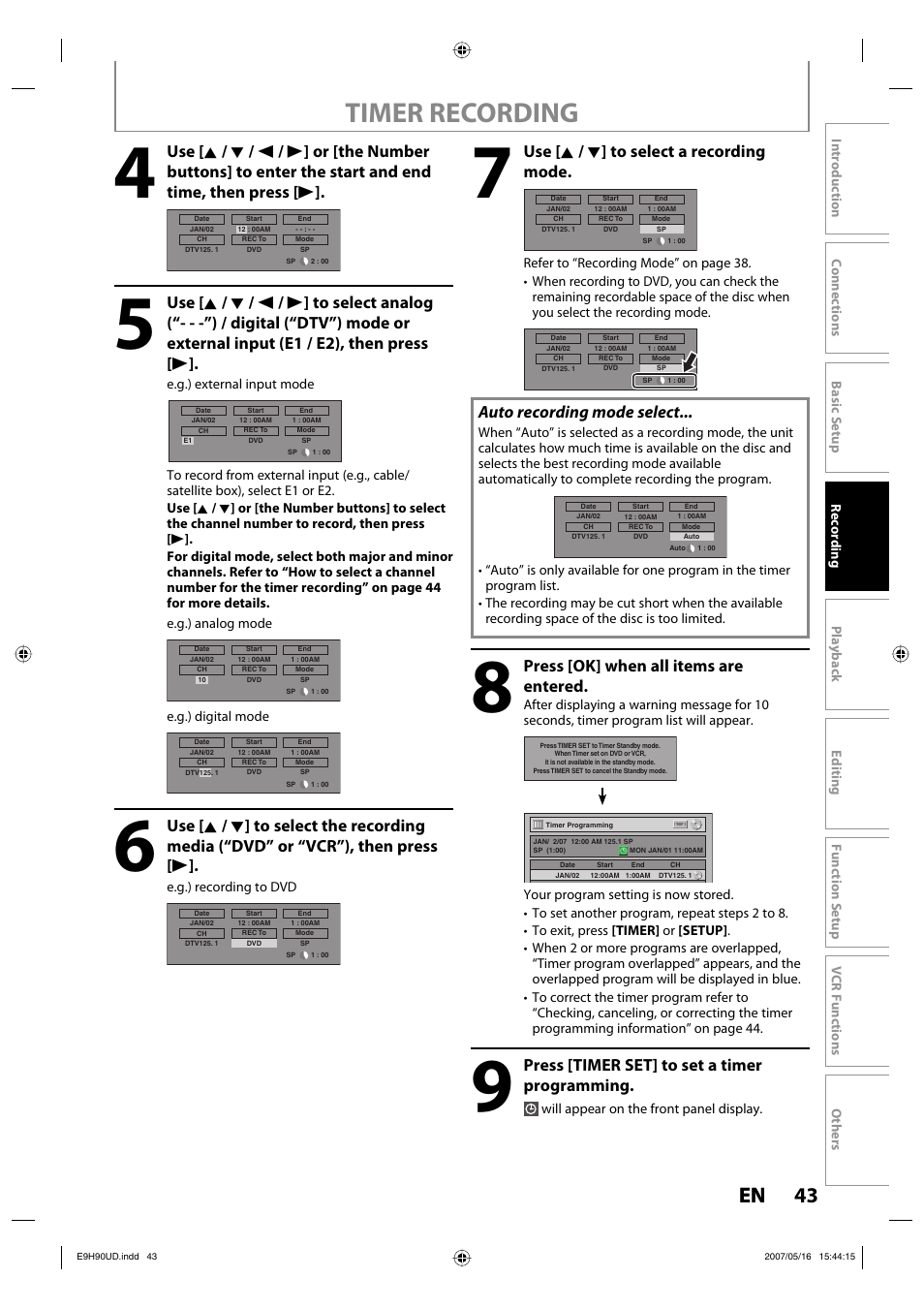 Timer recording, 43 en 43 en, Use [ k / l ] to select a recording mode | Auto recording mode select, Press [ok] when all items are entered, Press [timer set] to set a timer programming | Philips DVDR3545V-37 User Manual | Page 43 / 116