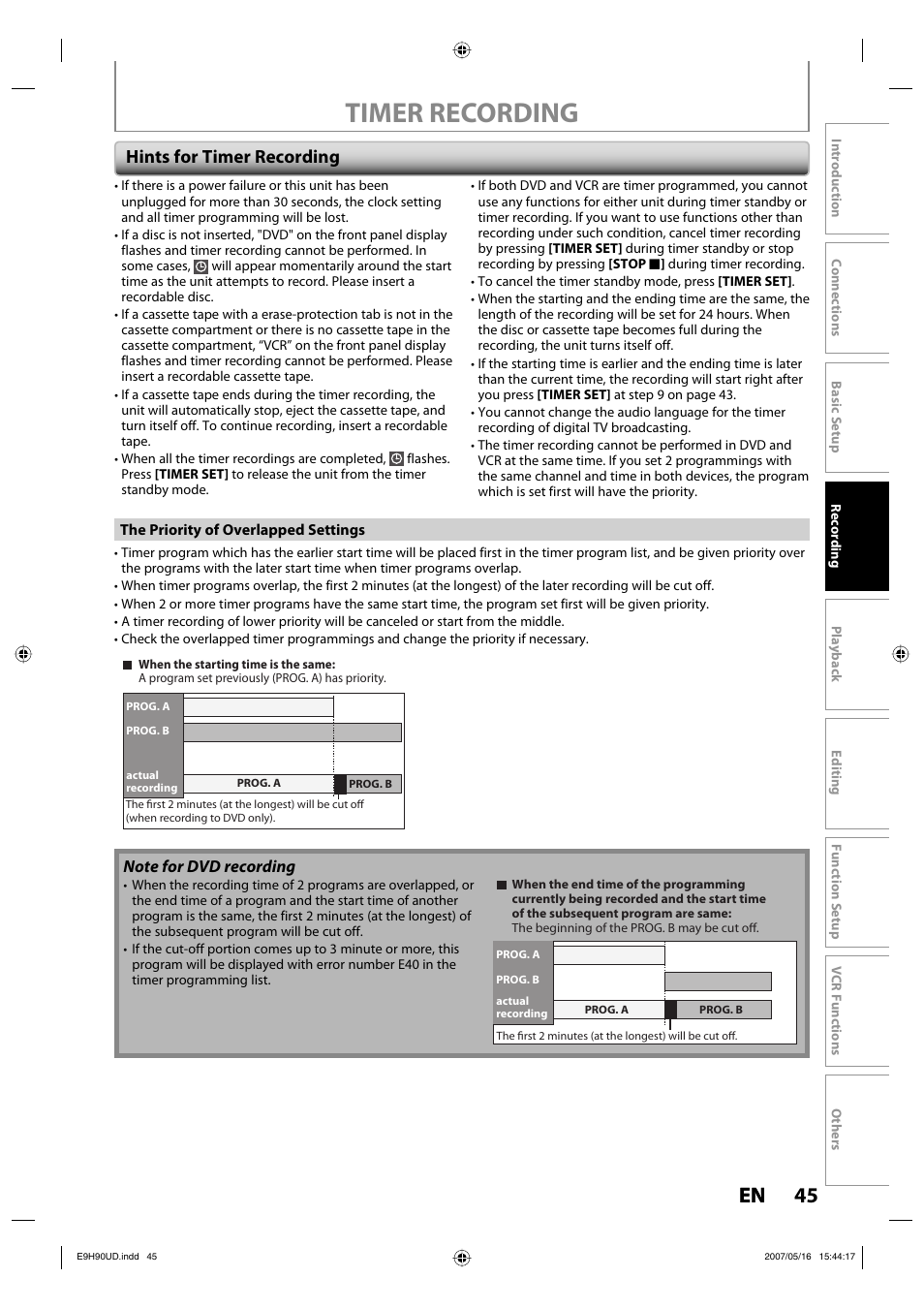 Timer recording, 45 en 45 en, Hints for timer recording | Philips DVDR3545V-37 User Manual | Page 45 / 116