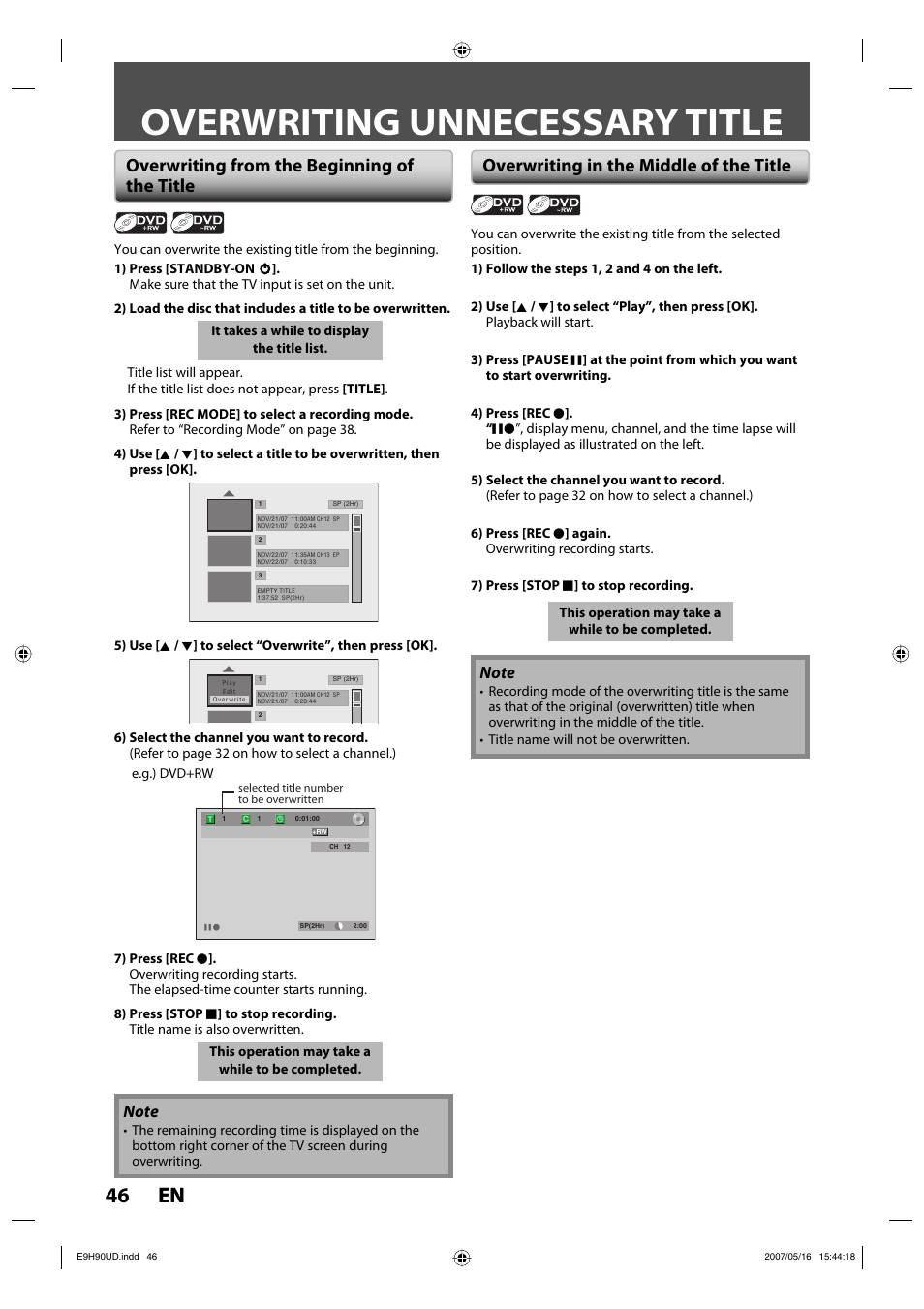 Overwriting unnecessary title, 46 en 46 en, Overwriting from the beginning of the title | Overwriting in the middle of the title | Philips DVDR3545V-37 User Manual | Page 46 / 116