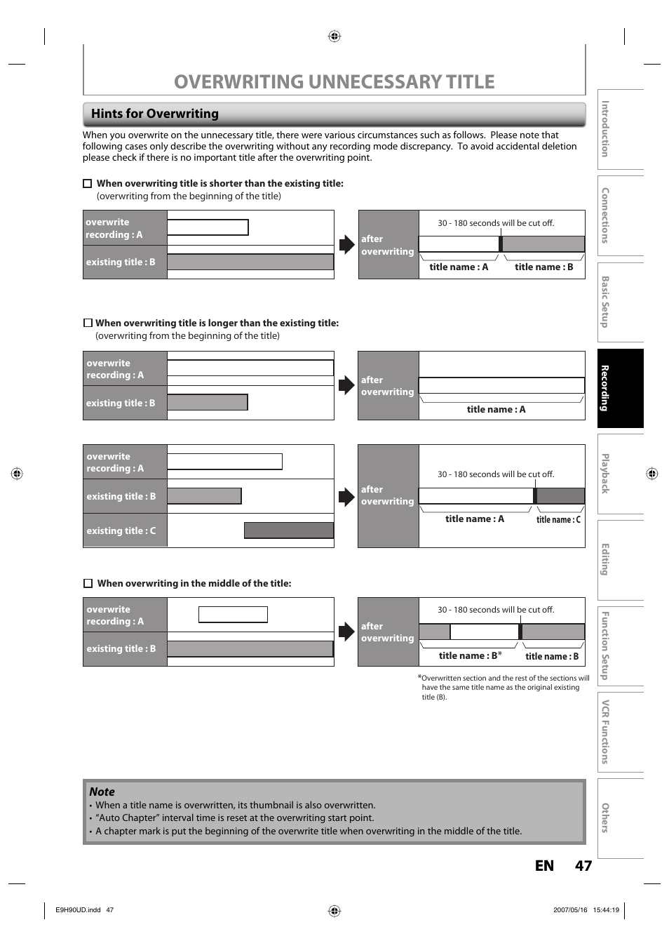 Overwriting unnecessary title, 47 en 47 en, Hints for overwriting | Philips DVDR3545V-37 User Manual | Page 47 / 116