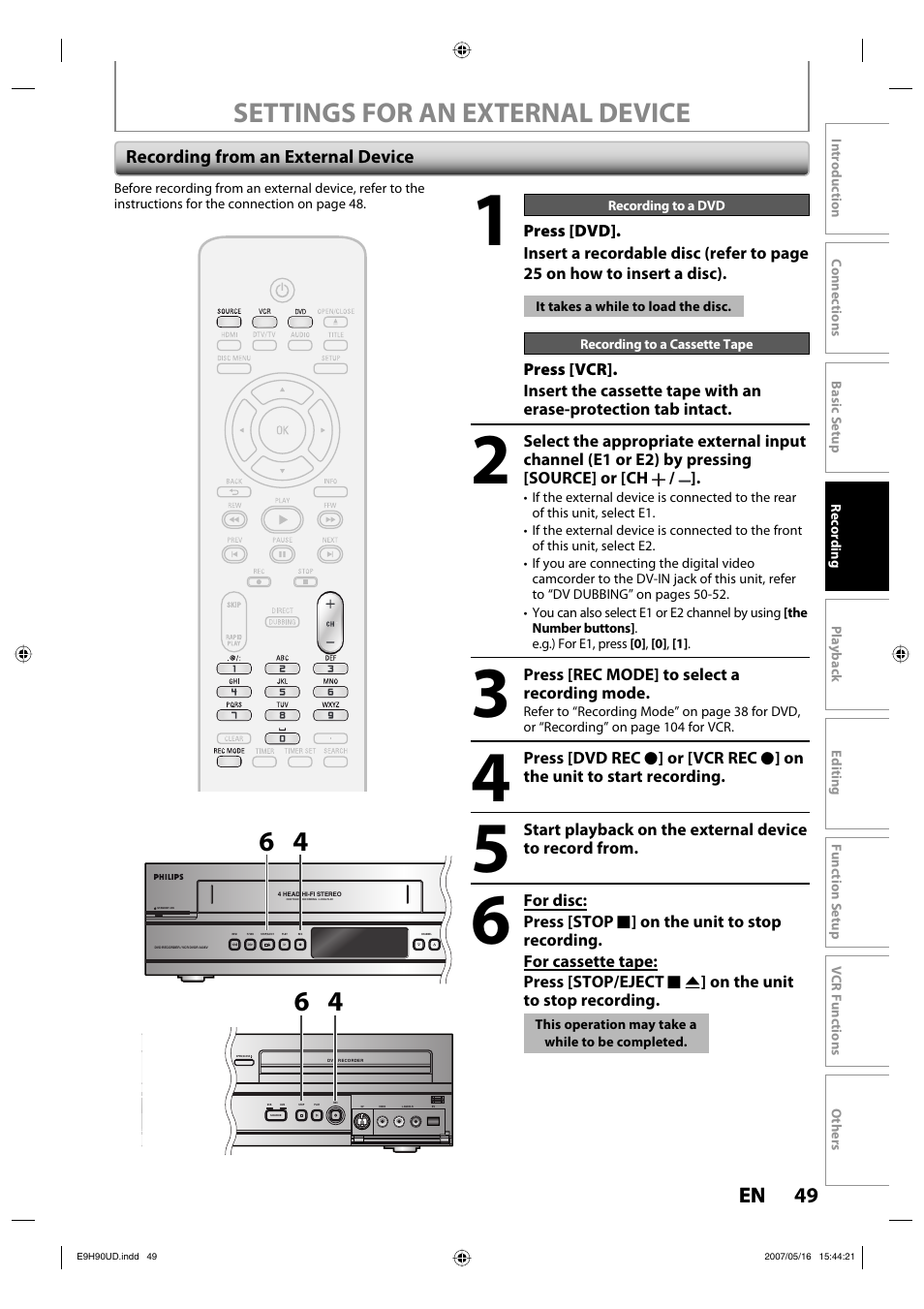 Settings for an external device, 49 en 49 en | Philips DVDR3545V-37 User Manual | Page 49 / 116