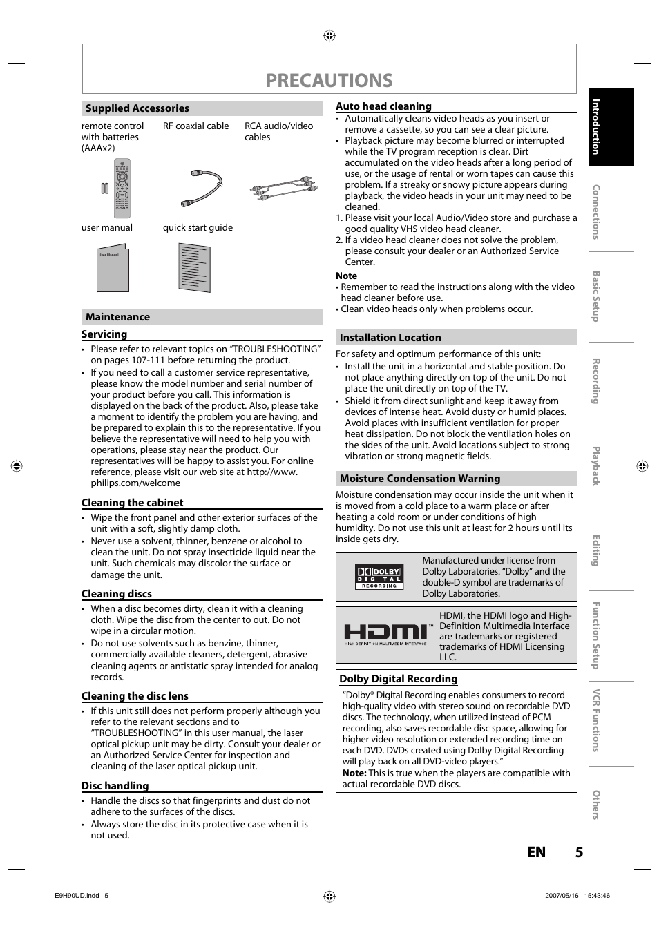 Precautions, 5en 5 en | Philips DVDR3545V-37 User Manual | Page 5 / 116