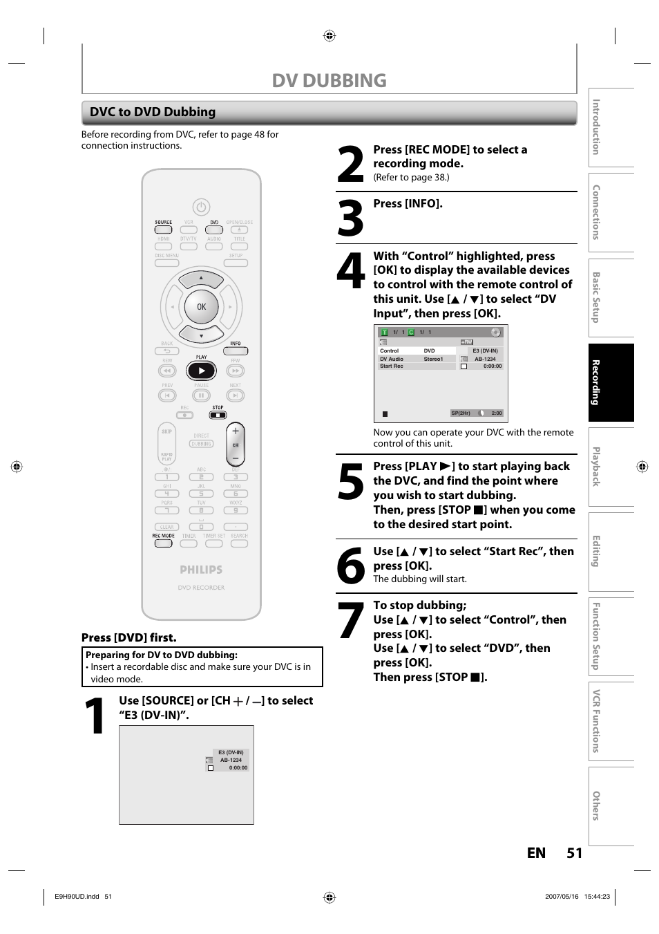 Dv dubbing | Philips DVDR3545V-37 User Manual | Page 51 / 116