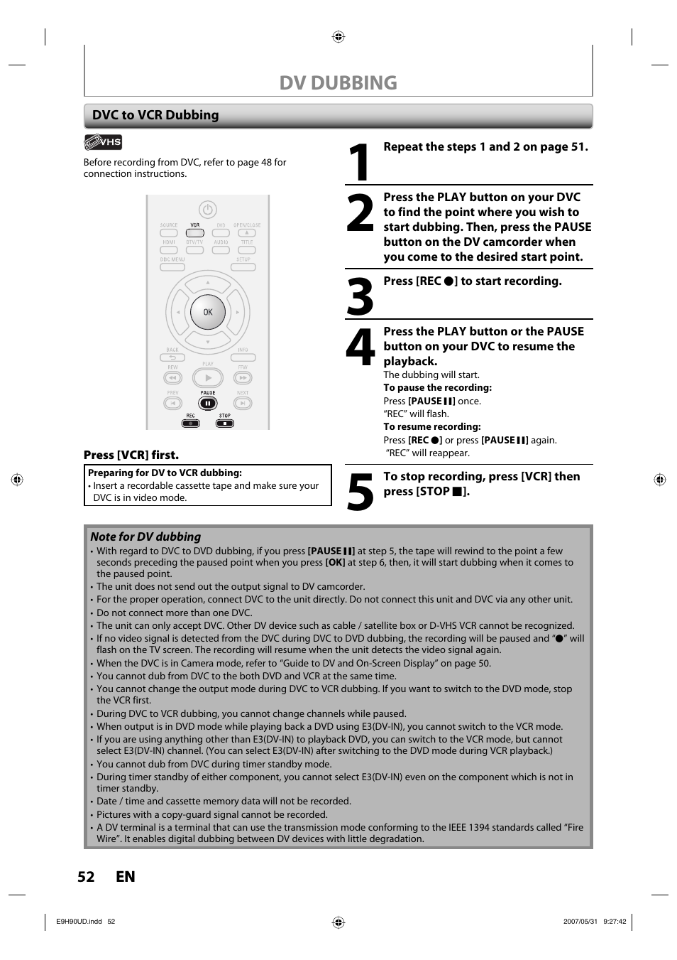 Dv dubbing | Philips DVDR3545V-37 User Manual | Page 52 / 116