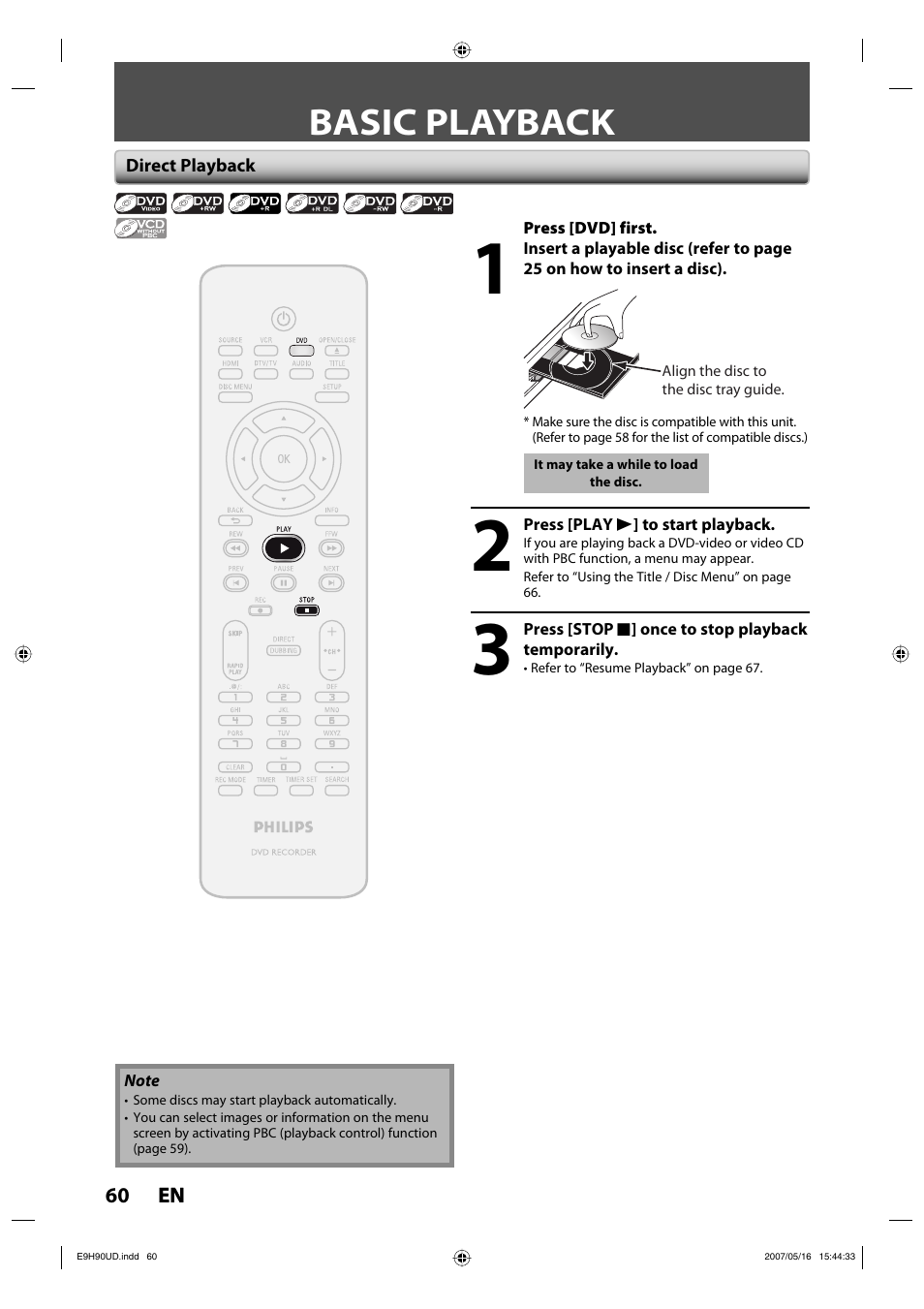 Basic playback | Philips DVDR3545V-37 User Manual | Page 60 / 116