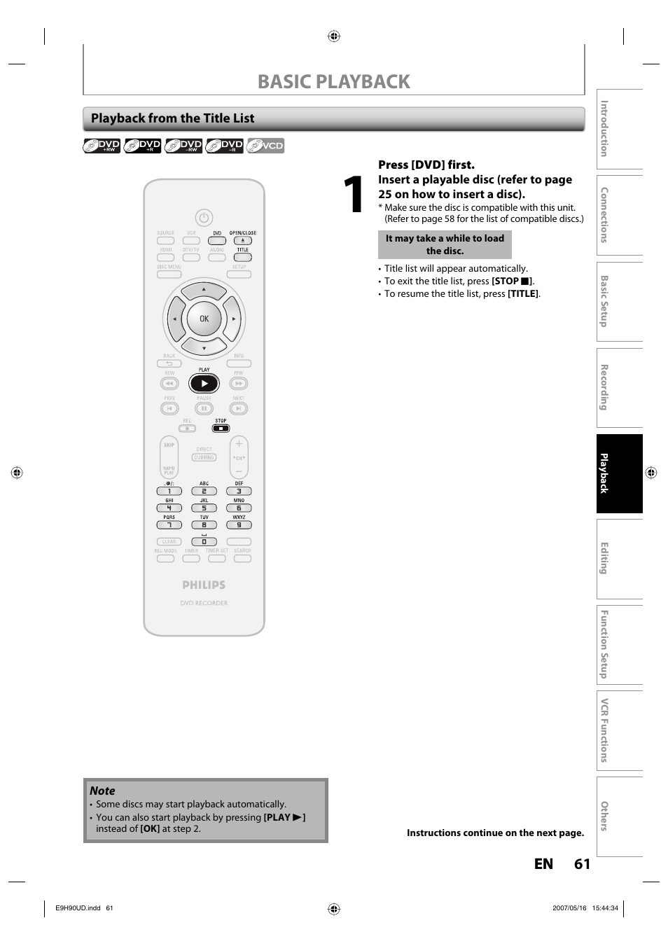 Basic playback, 61 en 61 en | Philips DVDR3545V-37 User Manual | Page 61 / 116