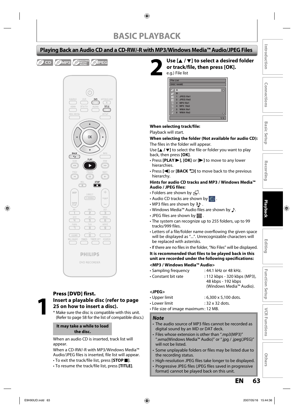 Basic playback, 63 en 63 en | Philips DVDR3545V-37 User Manual | Page 63 / 116