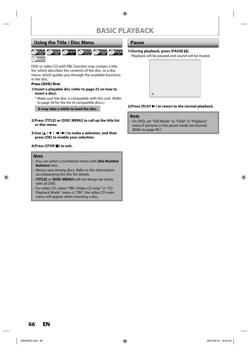 Basic playback, 66 en 66 en, Using the title / disc menu | Pause | Philips DVDR3545V-37 User Manual | Page 66 / 116