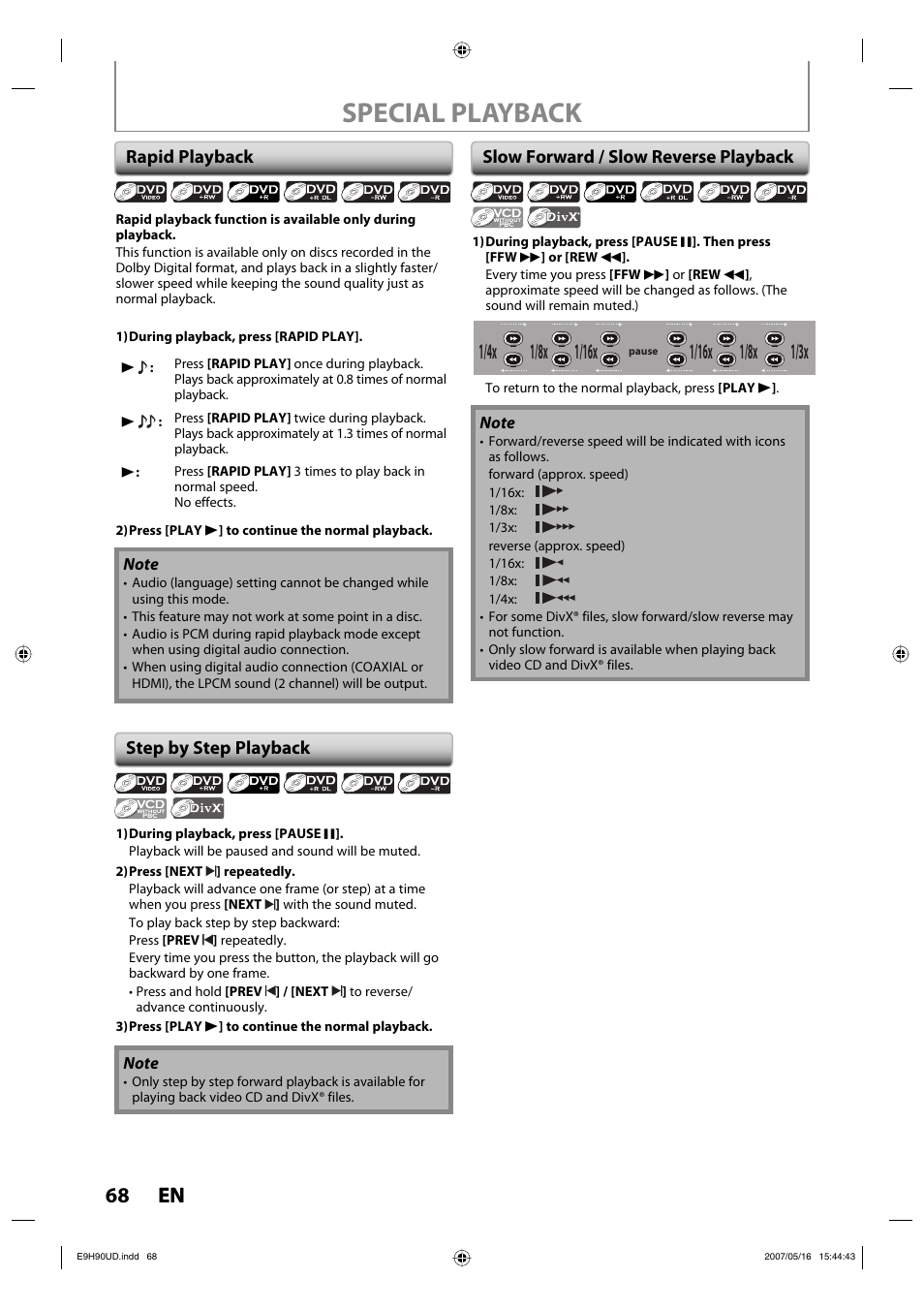 Special playback, 68 en 68 en, 1/8x | Philips DVDR3545V-37 User Manual | Page 68 / 116