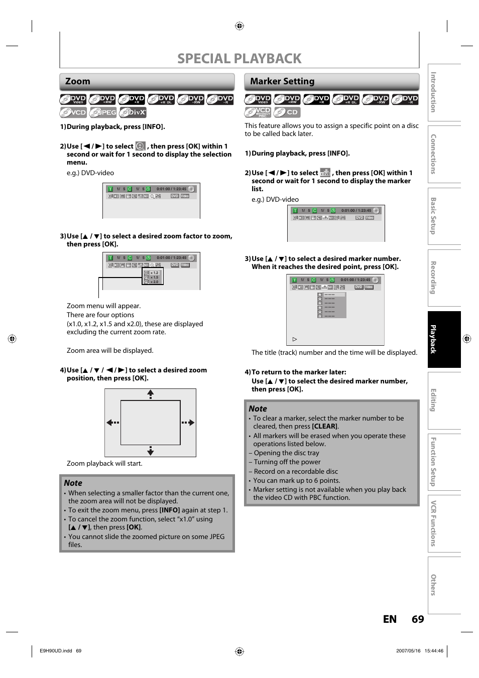 Special playback, 69 en 69 en, Zoom | Marker setting | Philips DVDR3545V-37 User Manual | Page 69 / 116