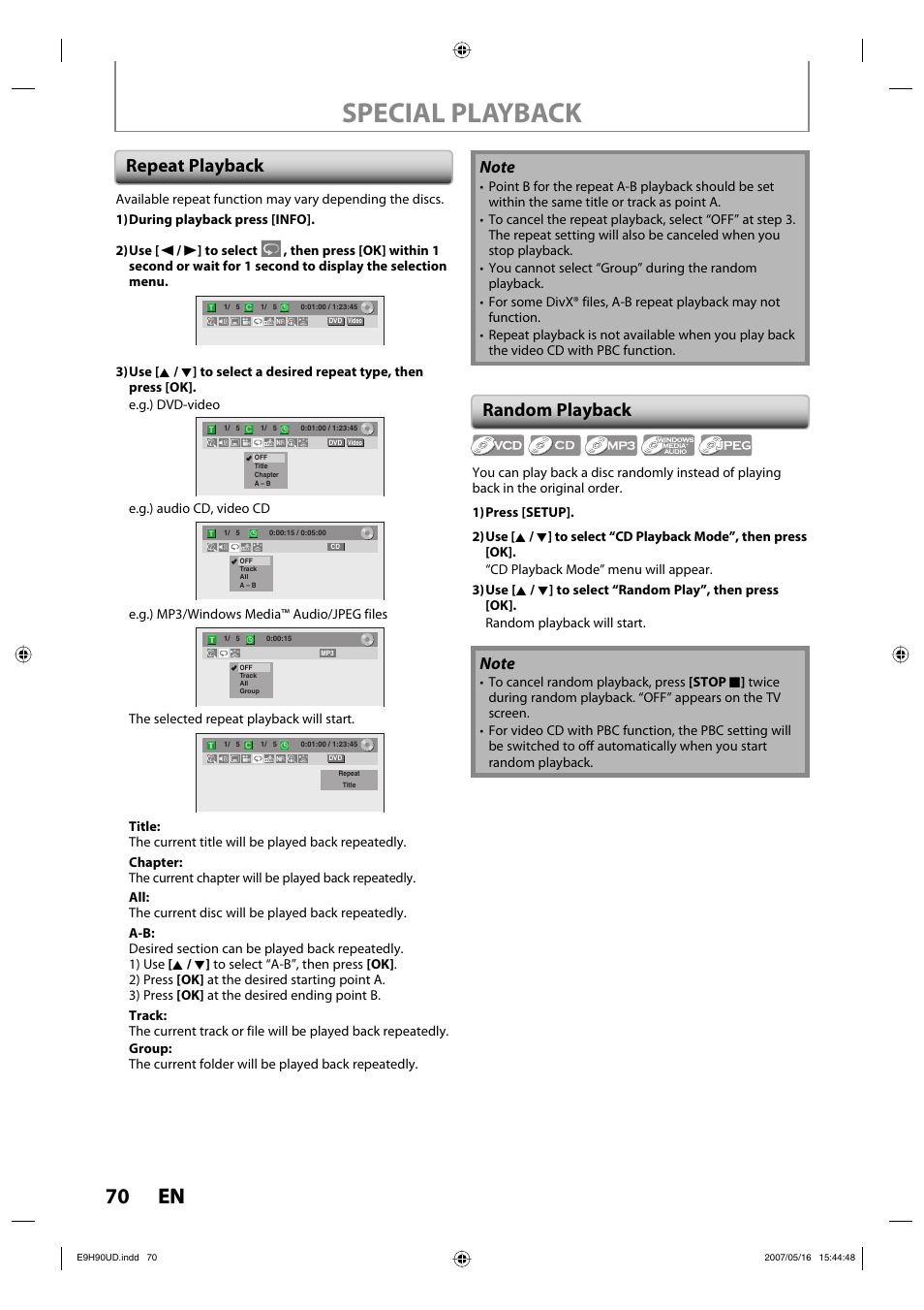 Special playback, 70 en 70 en, Repeat playback random playback | Philips DVDR3545V-37 User Manual | Page 70 / 116