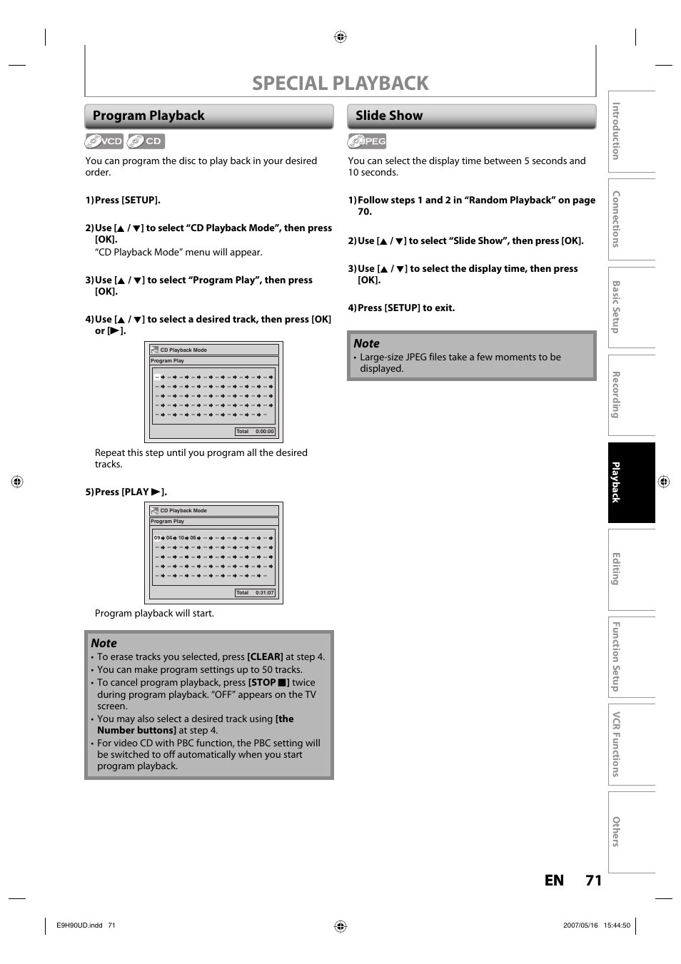 Special playback, 71 en 71 en, Program playback | Slide show, Program playback will start | Philips DVDR3545V-37 User Manual | Page 71 / 116