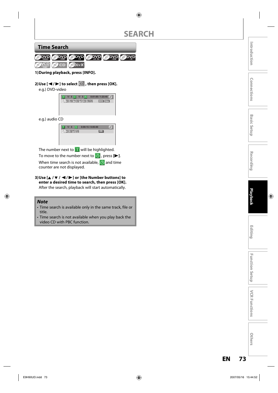 Search, 73 en 73 en, Time search | Philips DVDR3545V-37 User Manual | Page 73 / 116