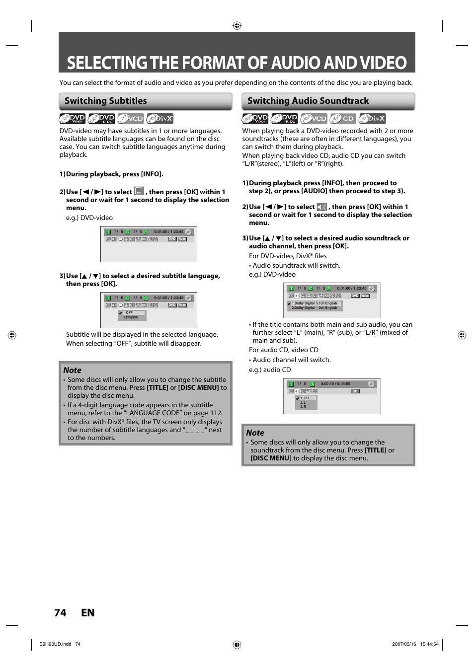 Selecting the format of audio and video, 74 en 74 en, Switching subtitles | Switching audio soundtrack | Philips DVDR3545V-37 User Manual | Page 74 / 116