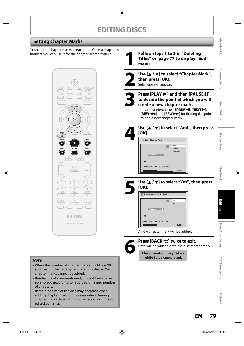 Editing discs | Philips DVDR3545V-37 User Manual | Page 79 / 116