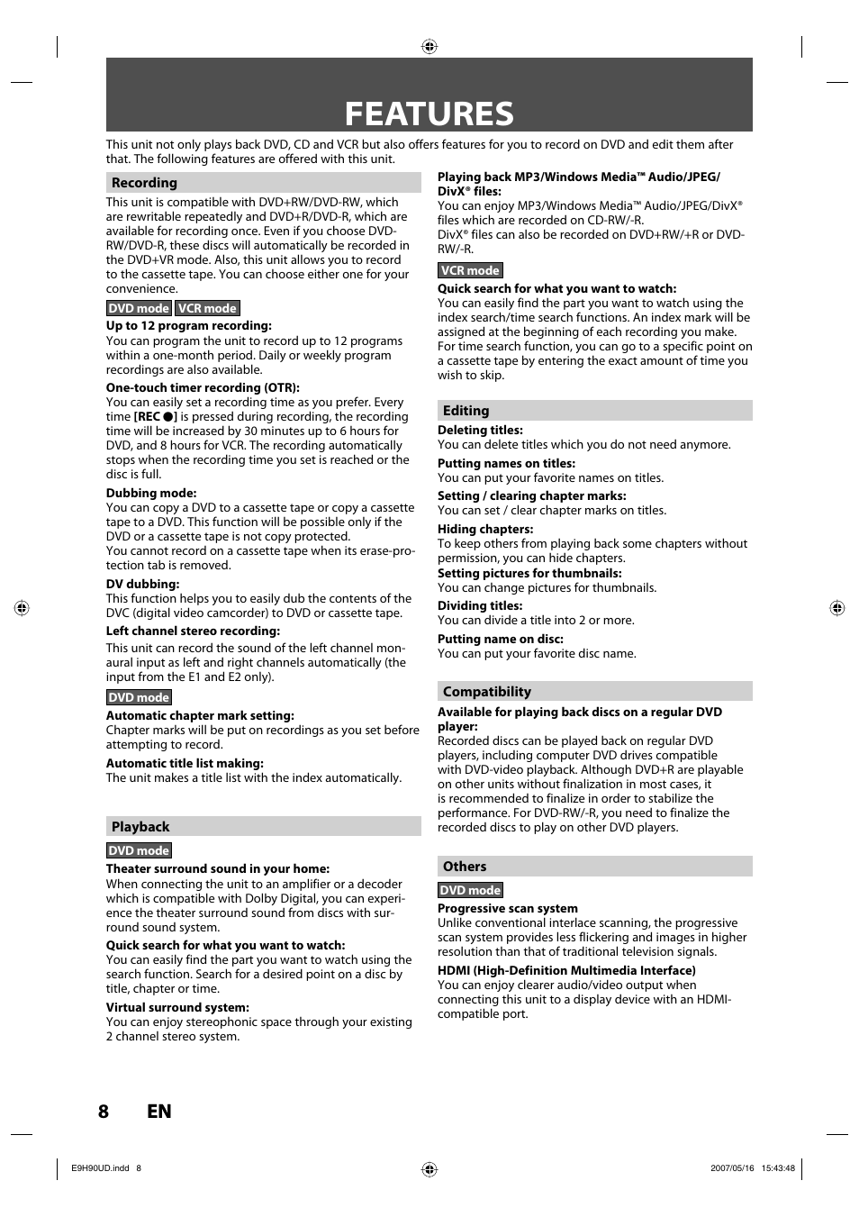 Features, 8en 8 en | Philips DVDR3545V-37 User Manual | Page 8 / 116