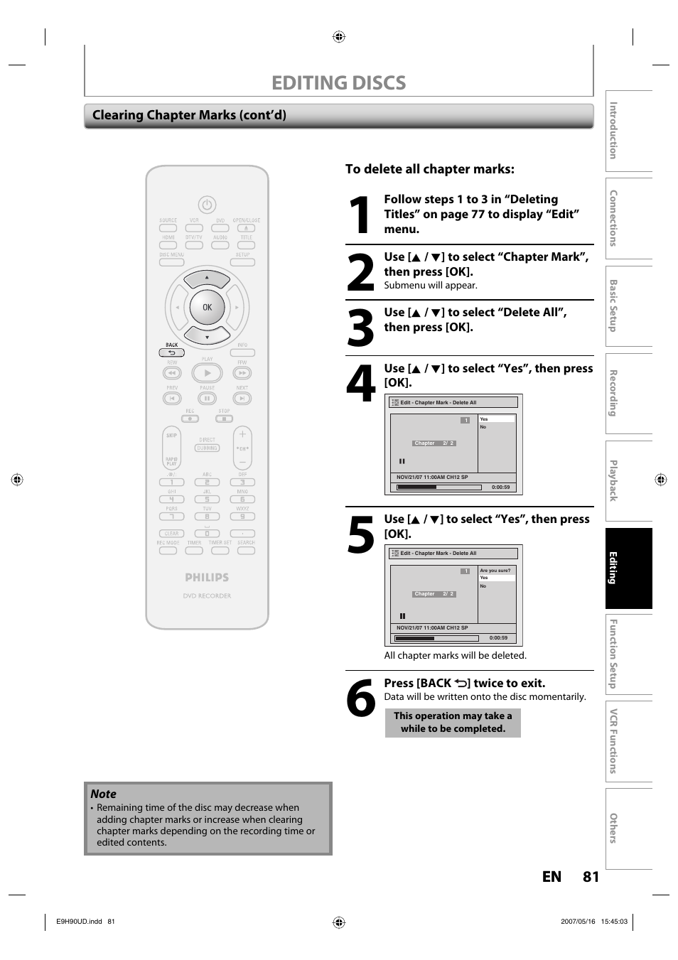 Editing discs | Philips DVDR3545V-37 User Manual | Page 81 / 116