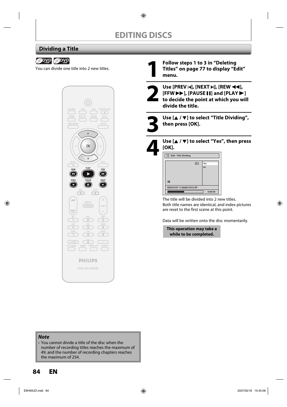 Editing discs | Philips DVDR3545V-37 User Manual | Page 84 / 116