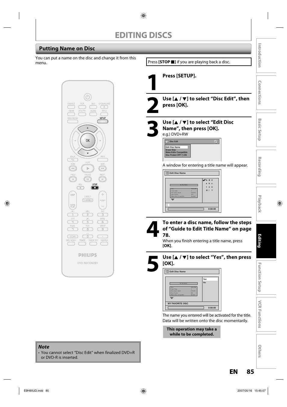 Editing discs, 85 en 85 en, Putting name on disc | Philips DVDR3545V-37 User Manual | Page 85 / 116