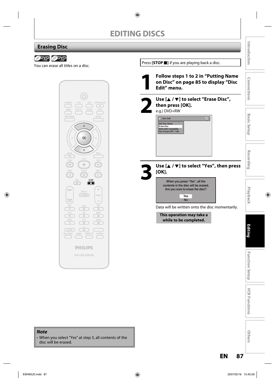 Editing discs | Philips DVDR3545V-37 User Manual | Page 87 / 116