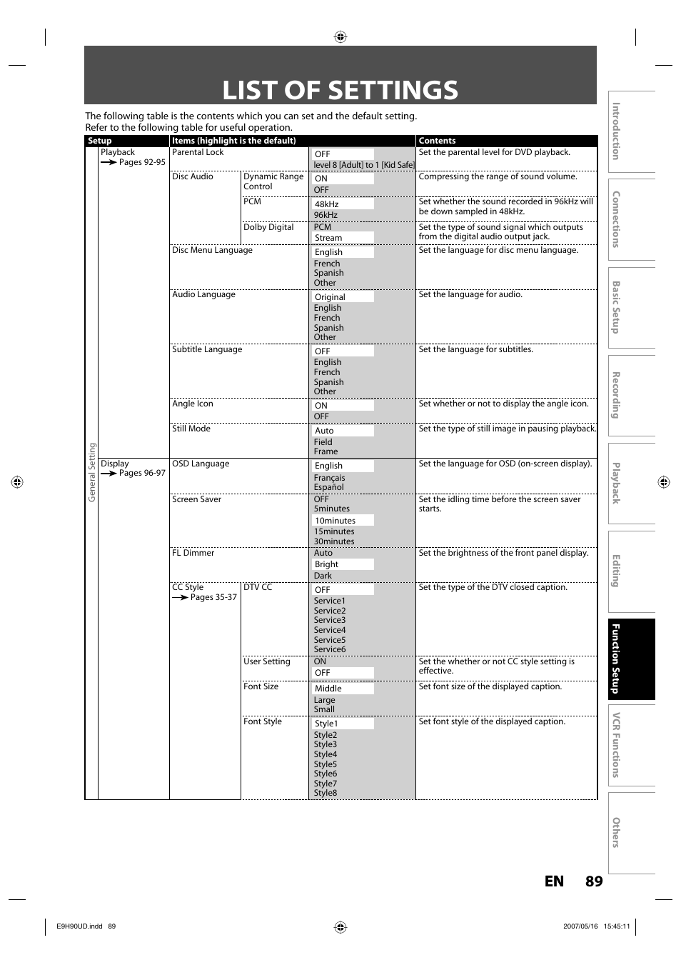 List of settings, 89 en 89 en | Philips DVDR3545V-37 User Manual | Page 89 / 116