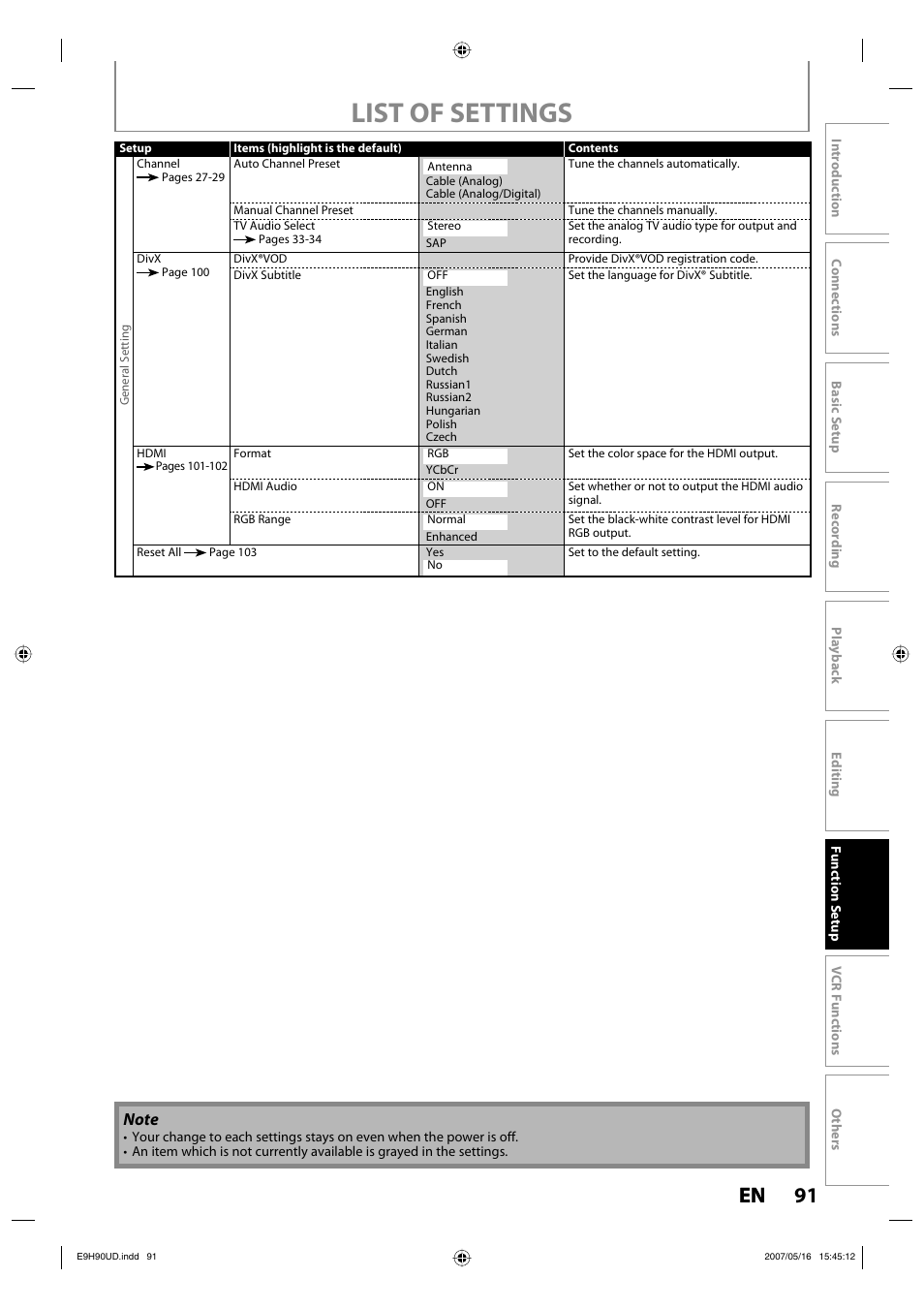 List of settings, 91 en 91 en | Philips DVDR3545V-37 User Manual | Page 91 / 116