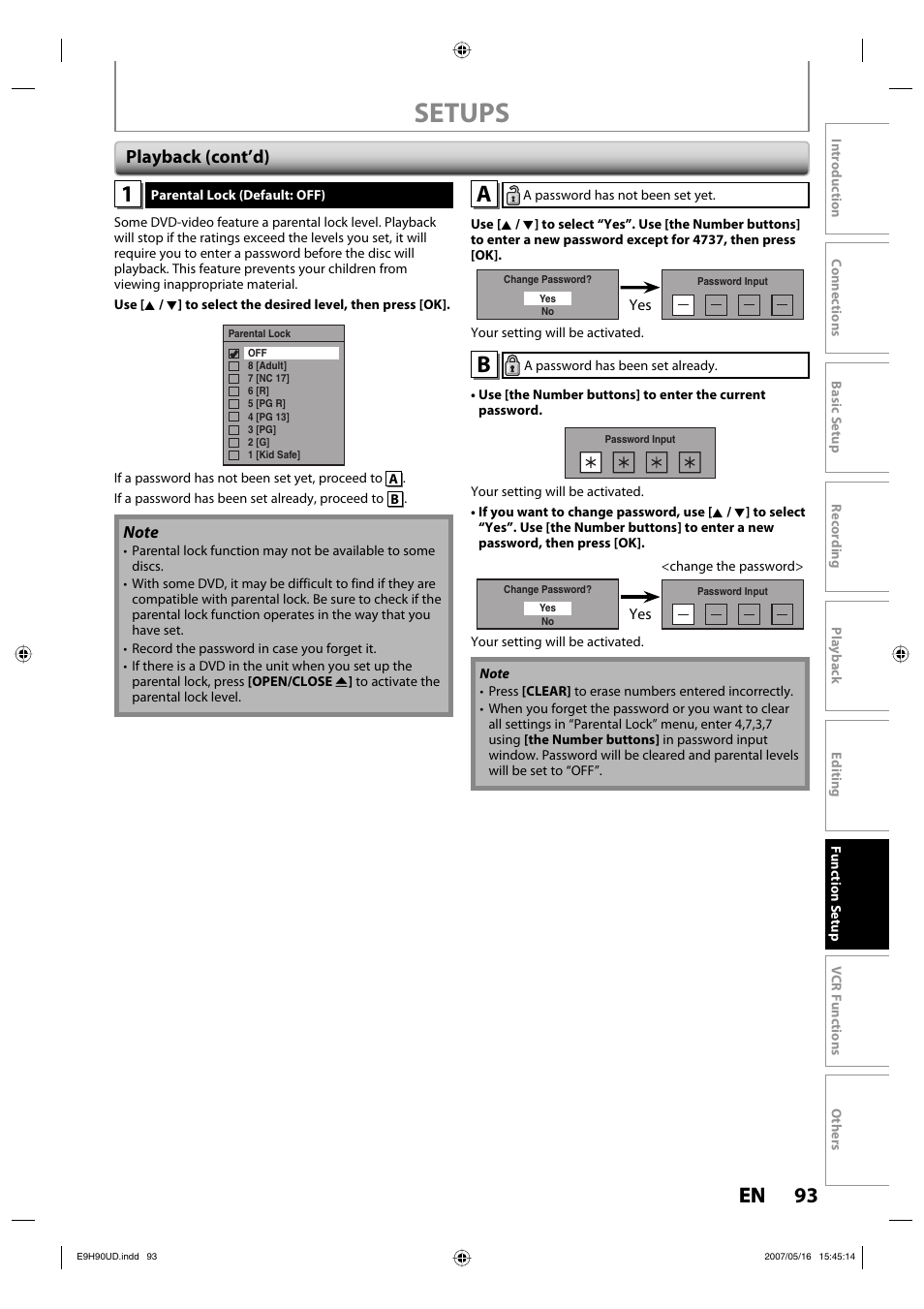 Setups, 93 en 93 en, Playback (cont’d) | Philips DVDR3545V-37 User Manual | Page 93 / 116