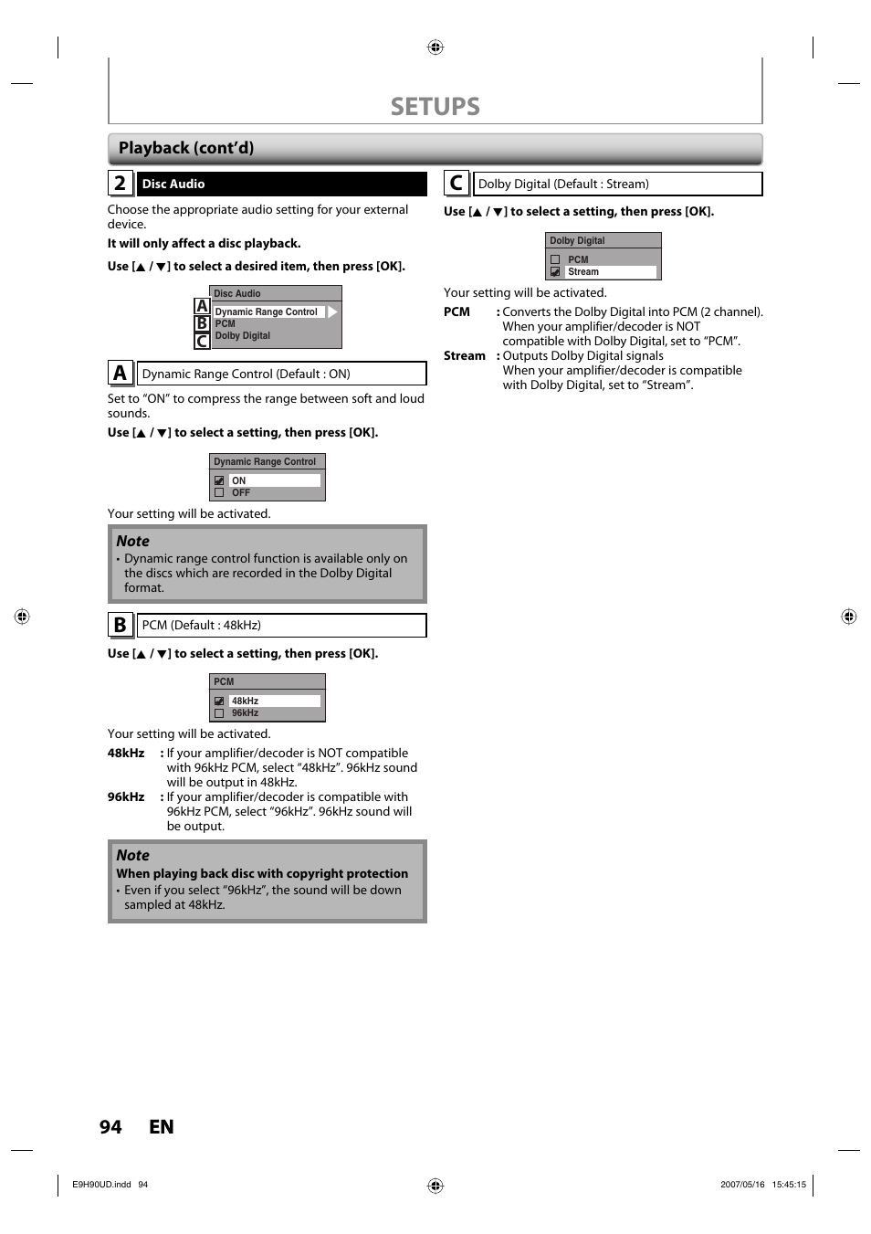 Setups, 94 en 94 en, Ab c | Playback (cont’d) | Philips DVDR3545V-37 User Manual | Page 94 / 116