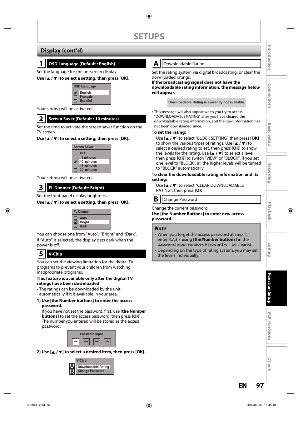 Setups, 97 en 97 en, Display (cont’d) | Philips DVDR3545V-37 User Manual | Page 97 / 116