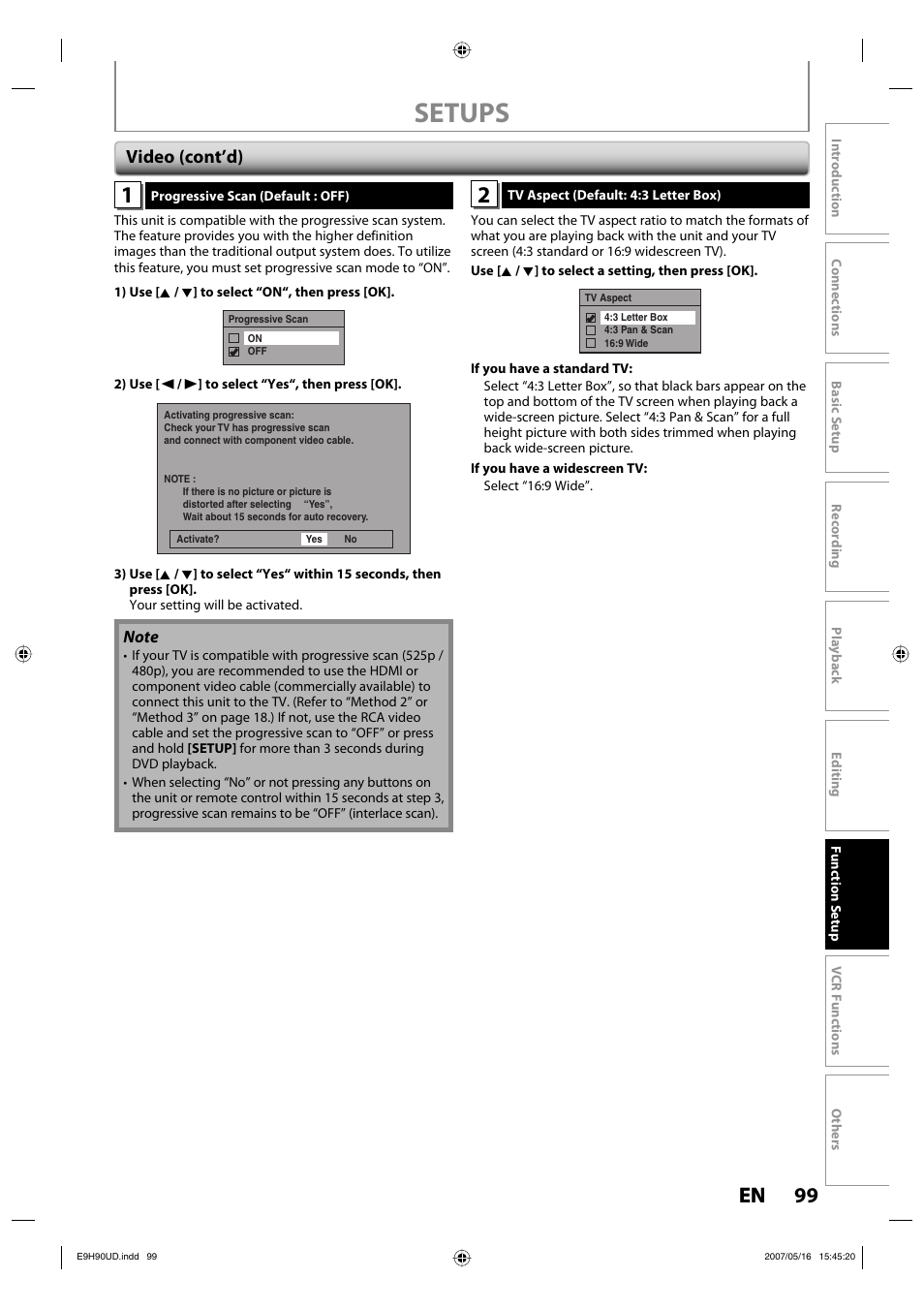 Setups, 99 en 99 en, Video (cont’d) | Philips DVDR3545V-37 User Manual | Page 99 / 116
