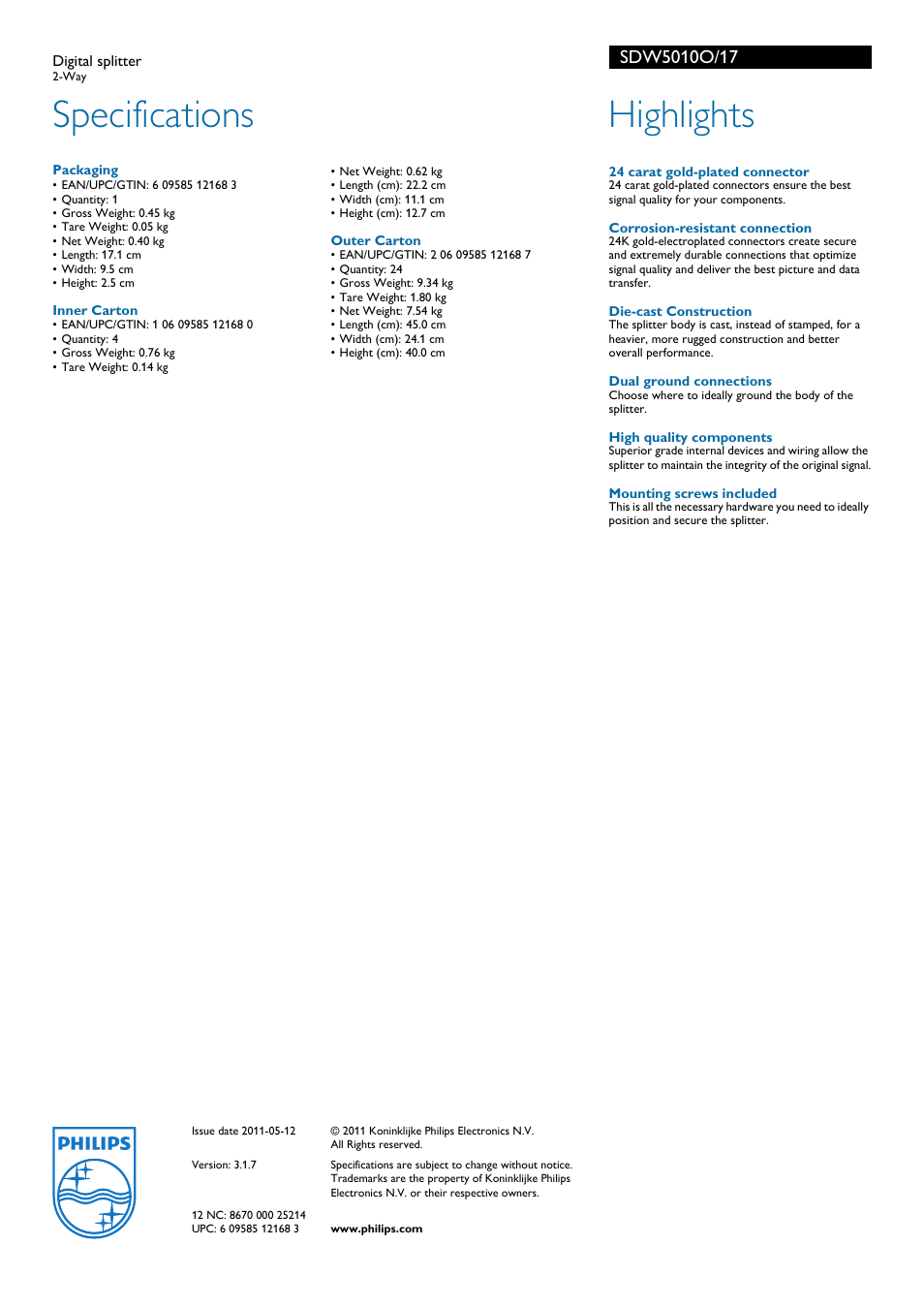 Specifications, Highlights | Philips SDW5010O-17 User Manual | Page 2 / 2