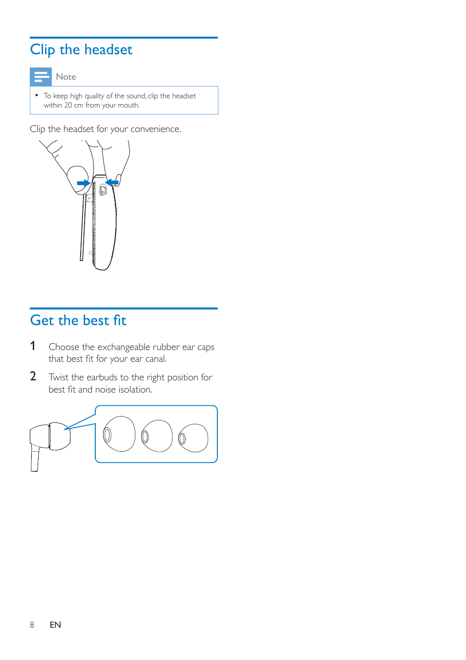 Clip the headset, Get the best fit | Philips SHB5000WT-00 User Manual | Page 10 / 14