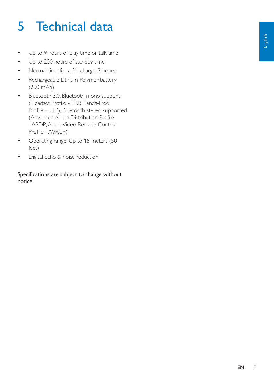 5 technical data | Philips SHB5000WT-00 User Manual | Page 11 / 14