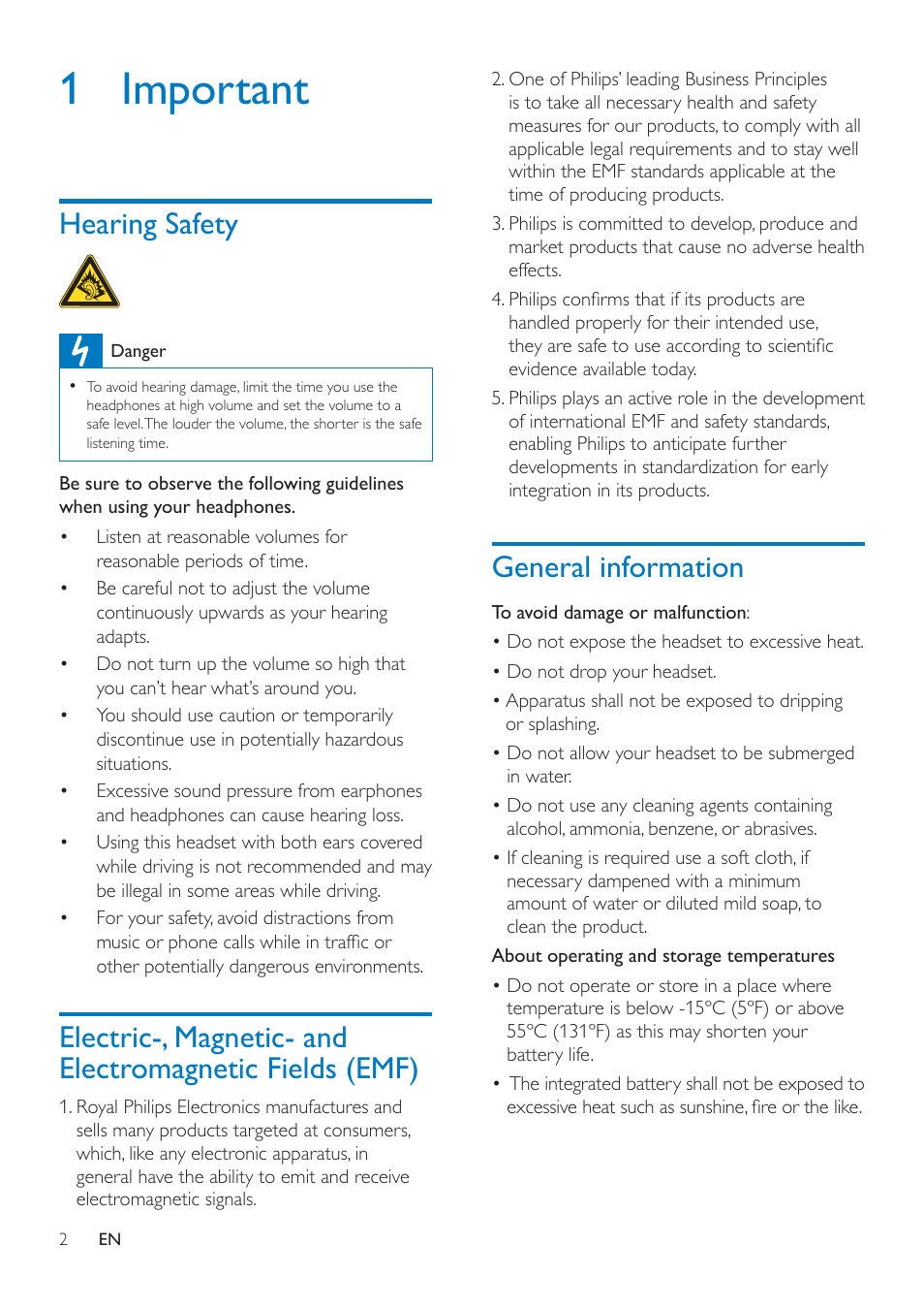 1 important, Hearing safety, General information | Electric-, magnetic- and, Electromagnetic fields (emf) | Philips SHB5000WT-00 User Manual | Page 4 / 14